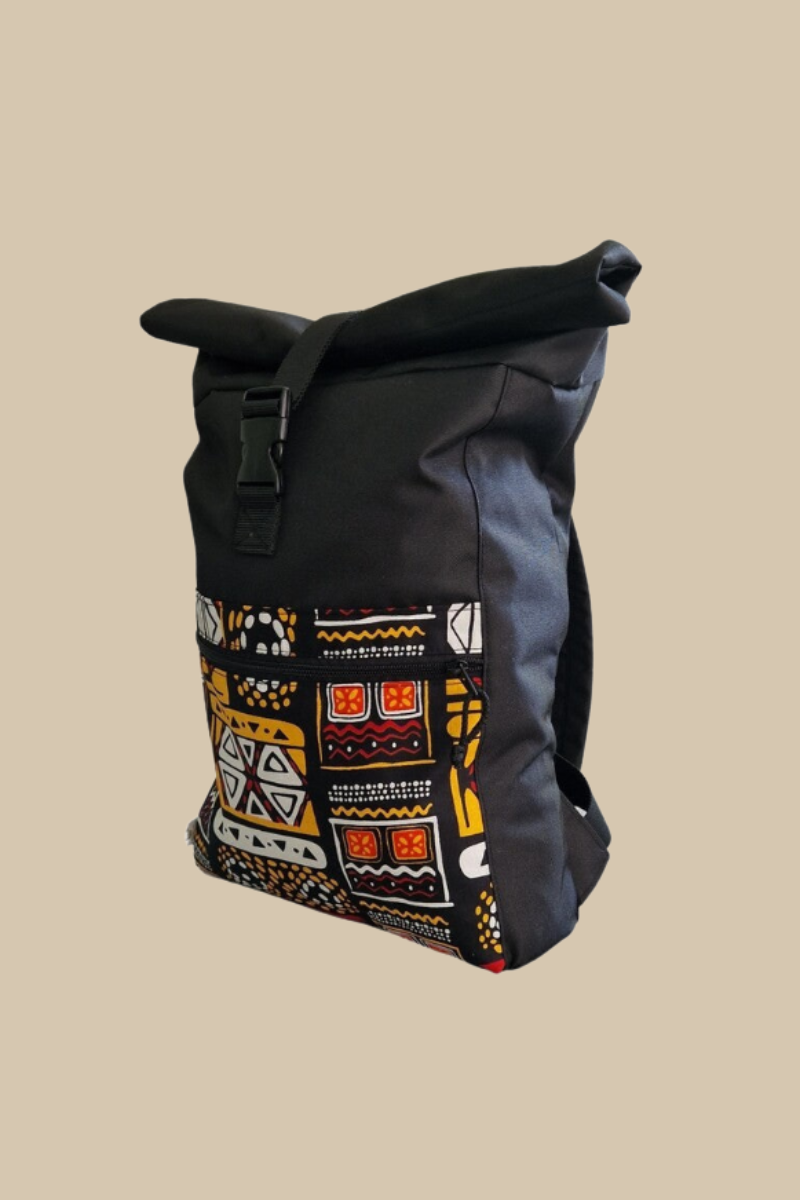 Handcrafted Eco Waterproof Rolltop Backpack - Yellow Pattern Design